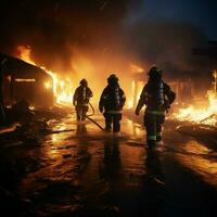 bomberos combate petróleo resplandor utilizando giro agua niebla extintor la seguridad concepto para social medios de comunicación enviar Talla ai generado foto