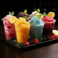 Frosty cups hold colorful fruit slush Frozen joy in vibrant sips For Social Media Post Size AI Generated photo