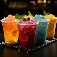 Frosty cups hold colorful fruit slush Frozen joy in vibrant sips For Social Media Post Size AI Generated photo