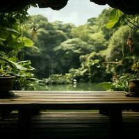 Greenery graces backdrop of wooden platform, a tranquil oasis in view For Social Media Post Size AI Generated photo