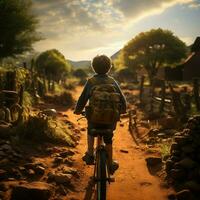 Growing skills, man aids kids bicycle journey, captured from the rear For Social Media Post Size AI Generated photo