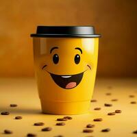 Adorable coffee cup persona on yellow backdrop, sporting a grin Copy friendly atmosphere For Social Media Post Size AI Generated photo