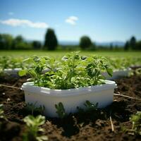 creciente apoyo fertilizante lleno blanco el plastico envase descansa en lozano verde agrícola campo para social medios de comunicación enviar Talla ai generado foto