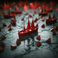 guiado Progreso rojo líder barco Guías papel armada en mundo mapa, representando trabajo en equipo para social medios de comunicación enviar Talla ai generado foto