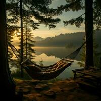 Hammock bound man, pine trees, serene lake Norwegian summer mornings tranquil beauty For Social Media Post Size AI Generated photo