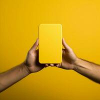 Hand extends box towards phone, against lively yellow backdrop intriguing convergence For Social Media Post Size AI Generated photo