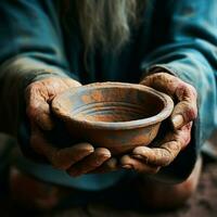 Hands hold empty bowl, portraying the harshness of hunger and economic hardship For Social Media Post Size AI Generated photo