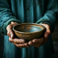 Hands hold empty bowl, portraying the harshness of hunger and economic hardship For Social Media Post Size AI Generated photo