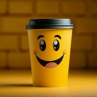 Adorable coffee cup persona on yellow backdrop, sporting a grin Copy friendly atmosphere For Social Media Post Size AI Generated photo