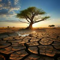 icónico árbol en agrietado suelo encarna clima crisis, global calentamiento inducido agua escasez para social medios de comunicación enviar Talla ai generado foto