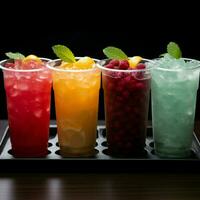 Icy fruit slushies stand united in plastic cups, forming a chilly lineup For Social Media Post Size AI Generated photo