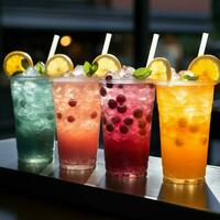 Icy fruit slushies stand united in plastic cups, forming a chilly lineup For Social Media Post Size AI Generated photo