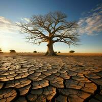 Iconic tree on cracked soil embodies climate crisis, global warming induced water scarcity For Social Media Post Size AI Generated photo