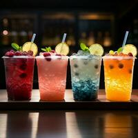 Icy fruit slushies stand united in plastic cups, forming a chilly lineup For Social Media Post Size AI Generated photo