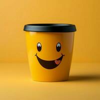 Adorable coffee cup persona on yellow backdrop, sporting a grin Copy friendly atmosphere For Social Media Post Size AI Generated photo