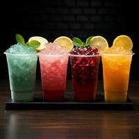 Icy fruit slushies stand united in plastic cups, forming a chilly lineup For Social Media Post Size AI Generated photo