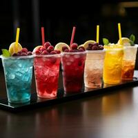 Icy fruit slushies stand united in plastic cups, forming a chilly lineup For Social Media Post Size AI Generated photo