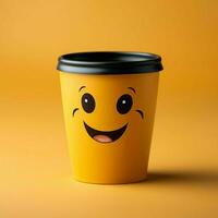 Adorable coffee cup persona on yellow backdrop, sporting a grin Copy friendly atmosphere For Social Media Post Size AI Generated photo
