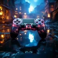 Immersed in blue themed video game, close up of joystick enhances late night gaming ambiance For Social Media Post Size AI Generated photo