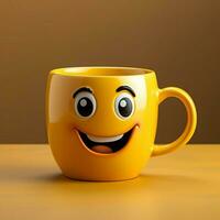 Adorable coffee cup persona on yellow backdrop, sporting a grin Copy friendly atmosphere For Social Media Post Size AI Generated photo