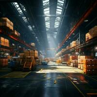 Industrial hub Expansive warehouse accommodates diverse goods, bustling with logistical activities For Social Media Post Size AI Generated photo