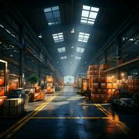 Industrial hub Expansive warehouse accommodates diverse goods, bustling with logistical activities For Social Media Post Size AI Generated photo