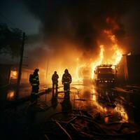 industrial escena bomberos emplear giro niebla a domar petróleo fuego, frenar potencial infierno para social medios de comunicación enviar Talla ai generado foto