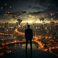 International business concept with businessman on city skyline background with network on map and sunlight For Social Media Post Size AI Generated photo