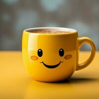 Adorable coffee cup persona on yellow backdrop, sporting a grin Copy friendly atmosphere For Social Media Post Size AI Generated photo