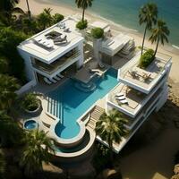 Aerial Modern luxury pool with staircase Top view from drone For Social Media Post Size AI Generated photo