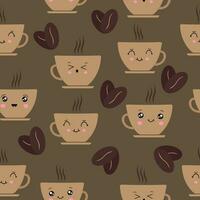 linda sin costura vector modelo en kawaii estilo con Café exprés taza y café frijoles. encantador repetible sonriente café taza imprimir, Perfecto para envase papel, tela, textiles. vector. vector ilustración