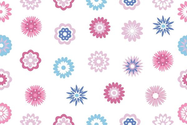 Seamless pattern of multicolored decorative flowers highlighted on a white background. Cute bright flowers, vector illustration.