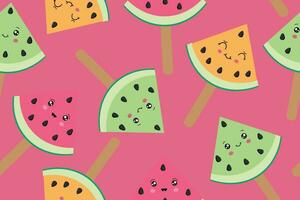 Seamless pattern with watermelon on a pink background. Watermelon on a stick. Vector illustration. Simple pattern. Summer time. Vector illustration. Vector illustration