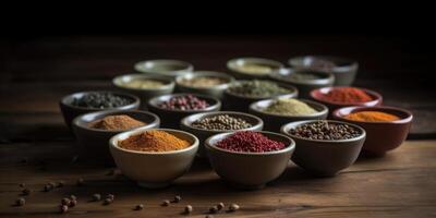 Indian spices close up. Pepper, turmeric thyme paprika cumin. Generative AI photo