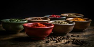 Indian spices close up. Pepper, turmeric thyme paprika cumin. Generative AI photo