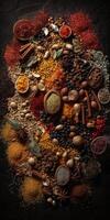 Indian spices close up. Pepper, turmeric thyme paprika cumin. Generative AI photo