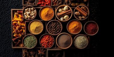 Indian spices close up. Pepper, turmeric thyme paprika cumin. Generative AI photo