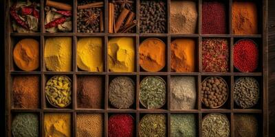 Indian spices close up. Pepper, turmeric thyme paprika cumin. Generative AI photo