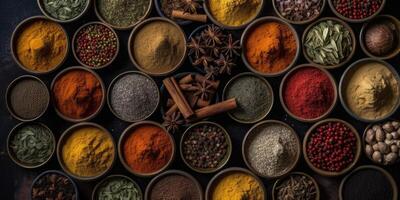 Indian spices close up. Pepper, turmeric thyme paprika cumin. Generative AI photo