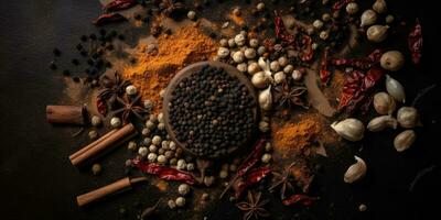 Indian spices close up. Pepper, turmeric thyme paprika cumin. Generative AI photo