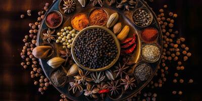 Indian spices close up. Pepper, turmeric thyme paprika cumin. Generative AI photo