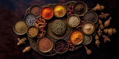 Indian spices close up. Pepper, turmeric thyme paprika cumin. Generative AI photo