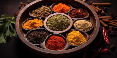 Indian spices close up. Pepper, turmeric thyme paprika cumin. Generative AI photo