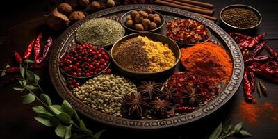 Indian spices close up. Pepper, turmeric thyme paprika cumin. Generative AI photo