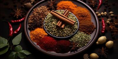 Indian spices close up. Pepper, turmeric thyme paprika cumin. Generative AI photo