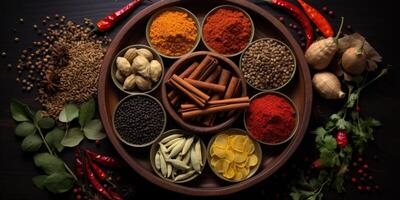 Indian spices close up. Pepper, turmeric thyme paprika cumin. Generative AI photo