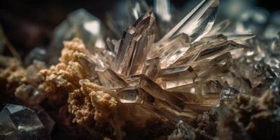 Closeup photo of crystal mineral stone, macro. Generative AI