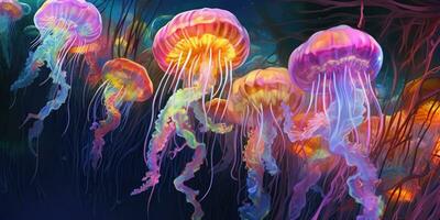 Neon jellyfish illustration. Sea world. Generative AI photo