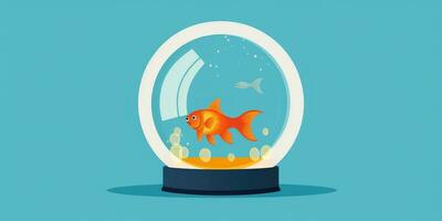 Illustration of a goldfish in an aquarium. Blue background. Generative AI photo