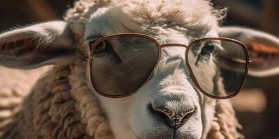 Cute happy lamb on the field, sheep. photo